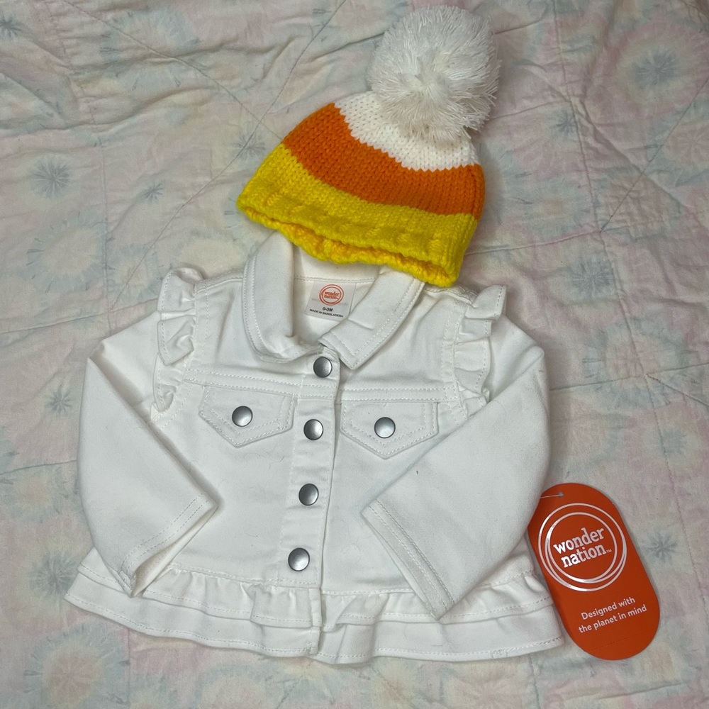 4 for 25$ Sale!!  White baby jean jacket with candy corn hat!